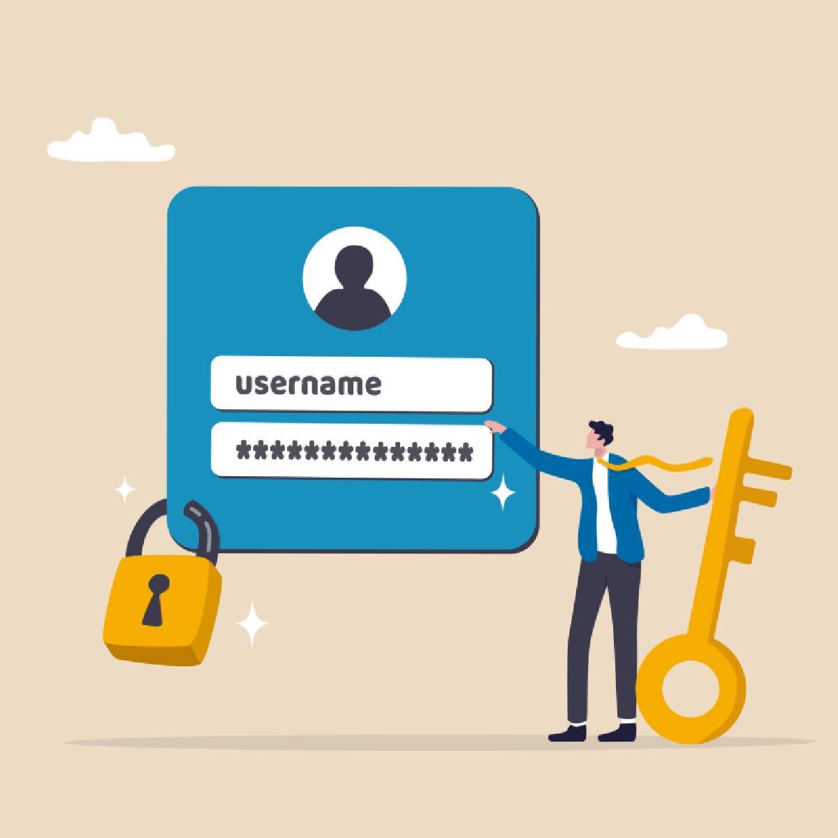 A beige background with an illustration of a user login with a padlock and a man holding a key