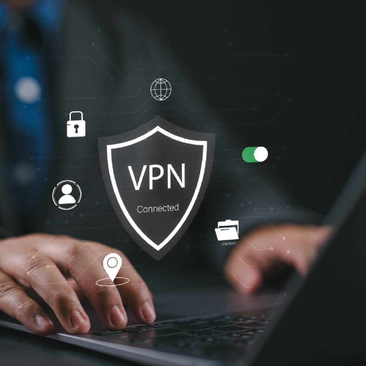 virtual private network concept person using a laptop with VPN connected
